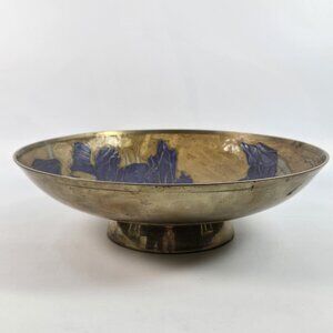 Vintage Enameled Brass Shallow Dish Bowl Iris Flowers